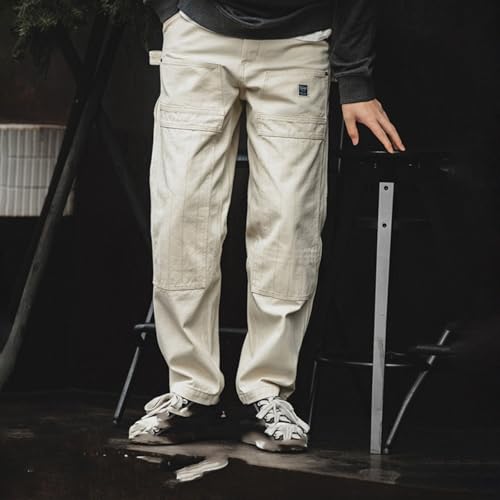 Jeans Pants Trouser Denim Workwear Vintage Distressed Loose Beige Washed Classic Multi Bag Logging for Men4