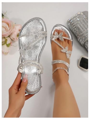 Image of OYOANGLE Women's Silver Rhinestone Sandals Sparkly Dressy Flat Sandals