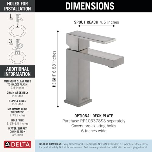 Image of Delta Modern Brushed Nickel Bathroom Faucet 1 Hole, Single Hole Bathroom Sink Faucet for Vanity, Metal Push-Pop Drain Assembly, Stainless 567LF-SSPP