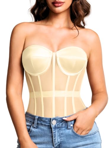 Image of Kaei&Shi Sheer Mesh Overbust Corset,Sexy Strapless Lace Up Satin Bra Corsets Top For Women Shapewear