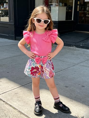 Image of Azmxynol Toddler Girls Clothes Cap Sleeve T-Shirt + Bowknot Print 2pcs Summer Shorts Outfit Set For Girls, Size 4-8 Years