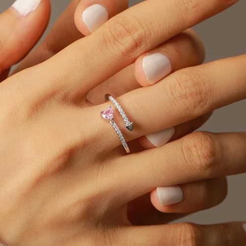 Pink Heart Promise Ring for Women Mother 925 Sterling Silver One Arrow Pierces Heart Ring White Birthstone Open Rings to Daughter Trendy Elegant Statement Stackable Band Wedding Jewelry Gift3
