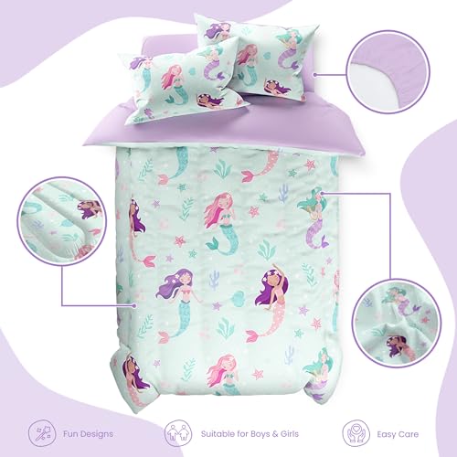 Image of SANDJEST Mermaid Comforter Set Full Size 98x86in for Kids Girls, Microfiber 4 Pcs Bedding Set Includes 1 Comforter, 2 Pillowcases, 1 Fitted Sheet, Nursery Room Decor