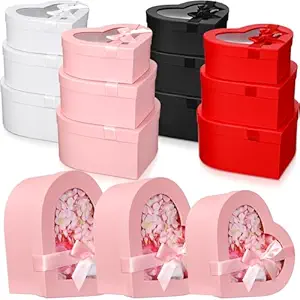 Resurhang 12 Pcs Heart Shaped Boxes for Flower Wedding Proposal Floral Gift Box with Transparent Window Lids Flower Box Gift for Valentine's Day Birthday, 3 Sizes(Black, White, Red, Pink)