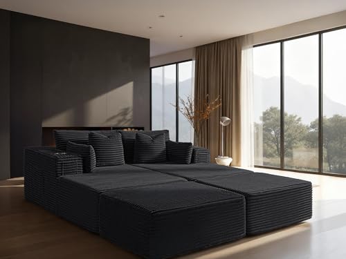 Image of 72 inch Cloud Sectional Couch, Comfort Sleep Sofa for Living Room, Extra Deep Seats No Assembly, Minimalist Modular Couch, Corduroy (Black, Extend Loveseat Chaise)