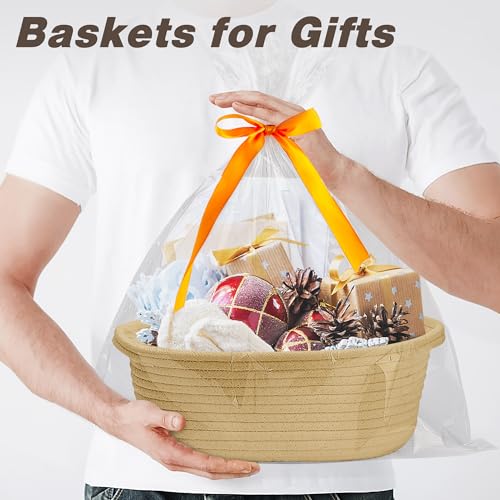 Image of Pro Goleem Small Woven Basket with Gift Bags and Ribbons Durable Baskets for Gifts Empty Small Rope Basket for Storage 12 inchX 8 inch X 5 inch Baby Toy Basket with Handles, Khaki