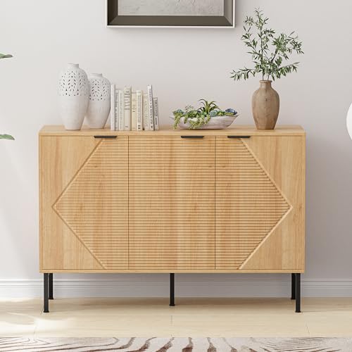 خزانة بوفيه جانبية عصرية مع ابواب وارفف - خزانة تخزين خشبية مخددة لغرفة المعيشة او المدخل او المطبخ (خشب البلوط الطبيعي)