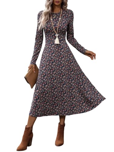 SweatyRocks Damen Kleider Boho Kleid Elegant Blumen Muster Langarm Kleid Rundhals Blumenkleid A Linie Midikleid Urlaub Outfit Blau S