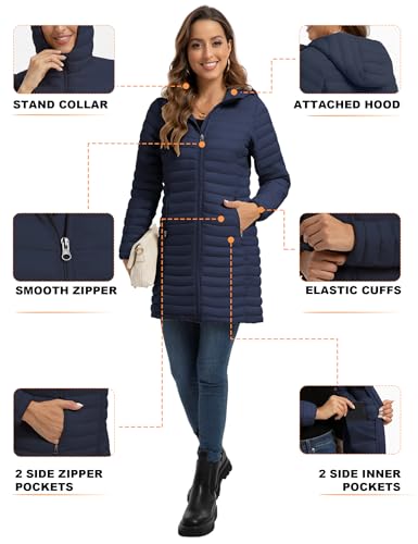 ROYAL MATRIX Packable Puffer Jacket for Women Lightweight Hooded Quilted Long Travel Puffer Coat4