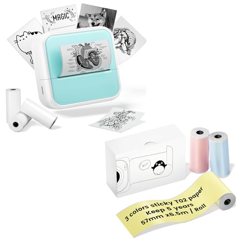 Image of Mini Sticker Printer with 3 Rolls B&W Thermal Paper plus 3 Rolls Color Self-Adhesive Paper, Print Pods Sticker Maker Machine, Bluetooth Portable Inkless Printer for Study Notes, DIY Journal, Photos