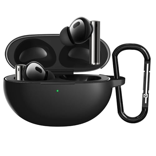 Image of Sounce Silicone Case Cover for Realme Buds Air 5 Pro, Portable Non-Slip Grip & Scratch-Resistant Protector with Carabiner Clip Full Protection Water Resistant, Shockproof Cover - Black