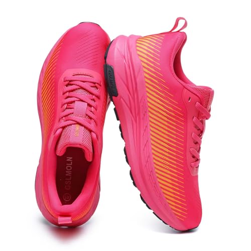 GSLMOLN Breathable Women's Workout Shoes Sport Running Sneakers for Gym Walking Tennis Lightweight Mesh Cushion Support Rose/Yellow Size 8
