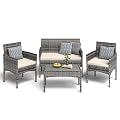 BUPPLEE 4 Pieces Patio Furniture Set, Outdoor Wicker Rattan Patio Conversation Furniture Set with Waterproof Cushion and Table for Lawn Poolside Backyard Garden Balcony Porch