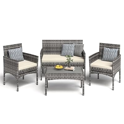 BUPPLEE 4 Pieces Patio Furniture Set, Outdoor Wicker Rattan Patio Conversation Furniture Set with Waterproof Cushion and Table for Lawn Poolside Backyard Garden Balcony Porch