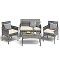 BUPPLEE 4 Pieces Patio Furniture Set, Outdoor Wicker Rattan Patio Conversation Furniture Set with Waterproof Cushion and Table for Lawn Backyard, Garden, Balcony, Porch and Poolside (Dark Grey)