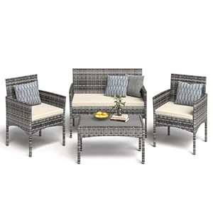 4 Pieces Patio Furniture Set, Outdoor Wicker Rattan Patio Conversation Furniture Set with Waterproof Cushion and Table for Lawn Poolside Backyard Garden Balcony Porch