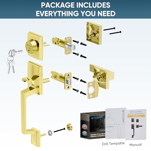 Image of TICONN Front Door Handle Set, Heavy Duty Square Door Lever & Single Cylinder Deadbolt Combo Reversible for Entrance Exterior Doors (Satin Brass)
