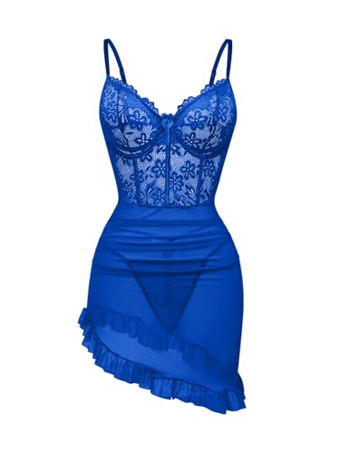 Image of Foxiny Sexy Corset Bodycon Ruffle Sheer Underwire Mesh Lace Floral Outfits Babydoll Lingerie Set Dress with Thong 2 Piece