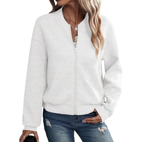 Womens Bomber Jacket Crew Neck Zip Up Casual Jackets Lightweight Long Sleeve Bomber Coat Textured Loose Fit Outwear2