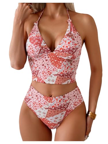 Women's 2 Piece Floral Tankini Swimsuits Halter V Neck High Waisted Bathing Suits