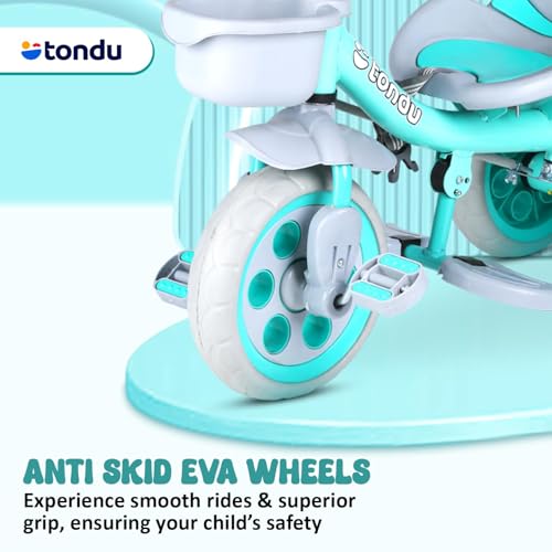 Image of TONDU Kiddo Tricycle for Kids /Baby with Storage Basket | Seat Belt with Parental Control Baby Tricycle (Sea Green)