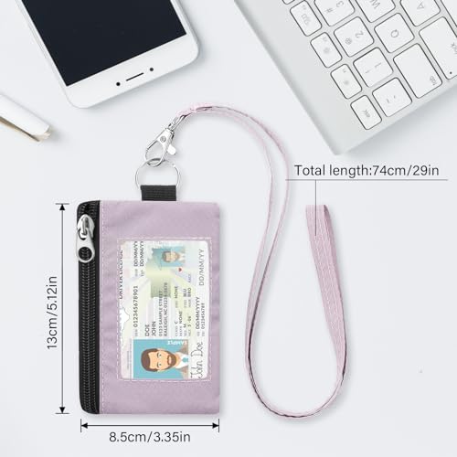 Image of Minimalist RFID Blocking Wallet with Lanyard, Functional ID Case with 2 Zipper Pockets and Key Chain for Men and Women, Tactical Badge Pouch Cards Holder, Coin Purse for Travel Sports-Purple