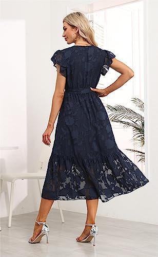 Image of VintageClothing Womens Sundress Casual Floral Summer Boho Dress | Flowy Wrap V Neck Ruffle A-Line Pleated Hem Midi Dresses