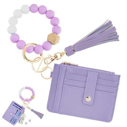 Image of KNGITRYI Wristlet Wallet for Women,RFID Keychain Wallet with Beaded Strap | 8 Card Slots,ID Window,Zipper Pocket,Leather Tassel,Compact Design