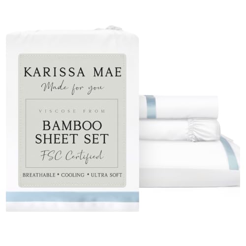 Image of KARISSA MAE Luxury Bamboo Viscose Twin Size Sheet Set | FSC Certified | Cooling | Ultra Soft | 18 inch Deep Pockets | Elastic Corner Straps | Includes Organizer Band [Signature Frame]