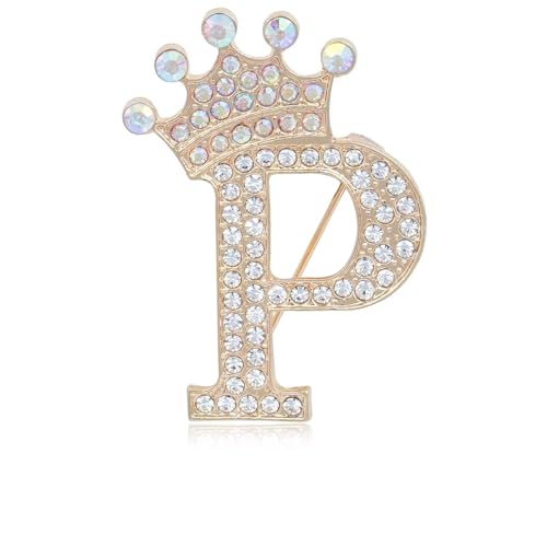 Image of Initial Letter Brooch Pins with Crown for Women Girls Men Boys Personalized Name Brooches Crafts Colorful Rhinestone Brooch Pins Gold A-Z