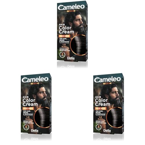 Cameleo Tinte permanente para el cabello | Color negro para barba y bigote | Efecto de color natural en 5 minutos | Cubrir el cabello gris | Amoníaco, PPD, sin parabenos, 30 ml (Paquete de 3)