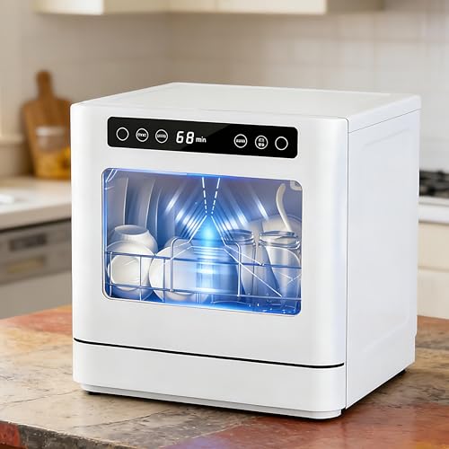 QIUNAOZI Lavavajillas De Encimera Multiprograma, 5 Programas, Alta Temperatura De 75 °C/167 °F,Doble Entrada De Agua,Doble Rociado De 360°,Capacidad para 8 Tazones Y Platos,para Apartamentos Cocinas