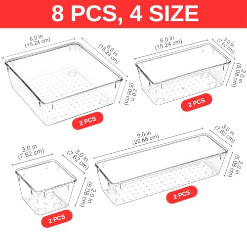 Image of Aliensware 8Pcs Transparent Drawer Organizer,Clear Plastic Dividers Trays,Versatile Bathroom And Vanity Organiser,Storage Bins For Makeup Cosmetics,Jewellery,Kitchen,Bathroom,25X10X10 Cm