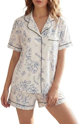 LUBOT 100% Cotton Pajamas for Women PJ Set with Pockets Ladies Soft Button-Down Short Sleeve 2 Piece Knit Summer Printed Pattern Sleepwear Loungewear (Sketch Bird, M)