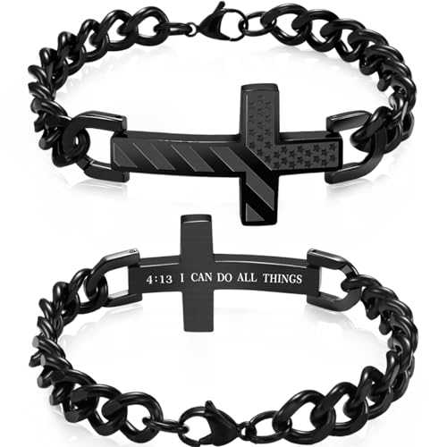 Saintda Cross Bracelet for Men, Bible Verse Jesus Patriotic Engraved American Flag Bracelets Black Stainless Steel Cuban Chain Adjustable Christian Baptism Religious Jewelry Gift for Him