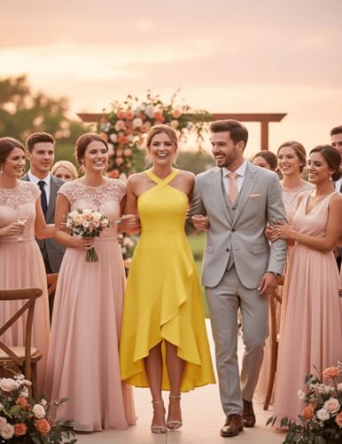 Image of Bbonlinedress Halter Cocktail Women Dresses Prom Formal Wedding Guest Bridesmaid Ruffled Maxi Hi-Lo Evening Party 2026 Dress