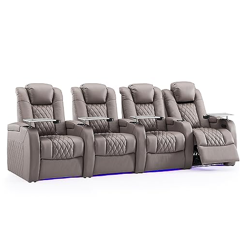 Image of Weilianda Home Theater Seating, Top Grain Leather Movie Theater Chair | Grey Row of 4, Zero Gravity, Power Headrest, Tray Table, Electric Reclining Seat for Media Room