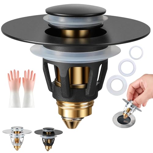 Magic 2in1, Universal Waschbeckenstöpsel mit Abflusssieb, Pop-up Magic Stöpsel mit Dichtungsringe, Verstopfung & Tropfen für Waschbecken, Badewanne (Schwarz)