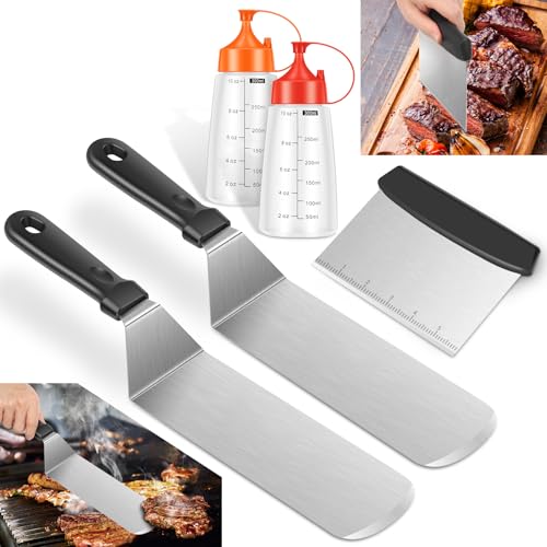 NIPUAEGO 5Pcs Griddle Accessories Kit, Stainless Steel Metal Spatula Set, for Flat Top Cooking, Strong Rustproof Flat Top Grilling Kit, Griddle Spatulas, Scraper, Squeeze Bottles for Outdoor Barbecue