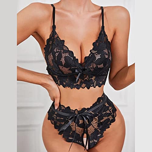 Lingerie feminina de renda, lingerie sexy, decote em V, cetim, seda, vestido de noite, Preto, M