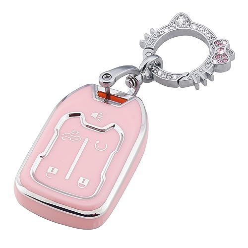 Image of Pangpai Pink Key Fob Cover for Chevy GMC, Soft TPU Key Case Protection with Bling Keychain Fit for Silverado GMC Sierra 1500 2500HD 3500HD Terrain Acadia 5 Buttons