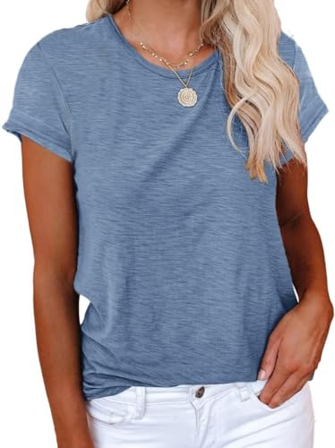 Cicy Bell T-Shirt Damen Kurzarmhemden für Damen Oberteile Rundhals Casual Locker Lässig Sommer Baumwolle T-Shirts Blau M