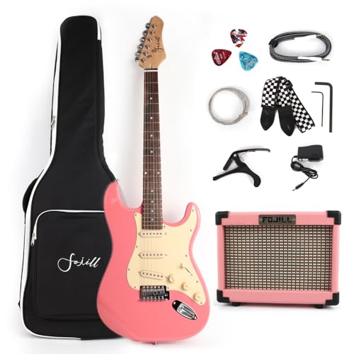 Fojill Full Size Beginner Kit Electric Guitar Guitars Set Starter Package with Amplifier, 600D Bag,Picks, Cable, Strap, Extra Strings