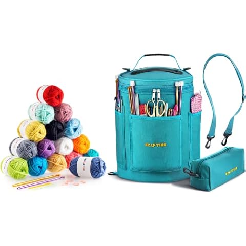 Starter Pack of 16x20g Acrylic Yarn Skeins with Turquoise Yarn Storage Bag Bundle Cover