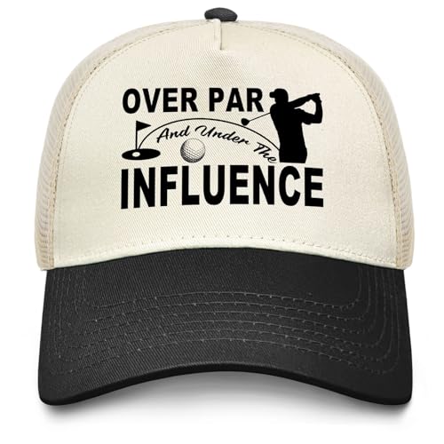 Image of Over Par and Under The Influence Golf Hat - Funny Golf Gag Gifts for Men & Dad | Adjustable Vintage Trucker Baseball Cap