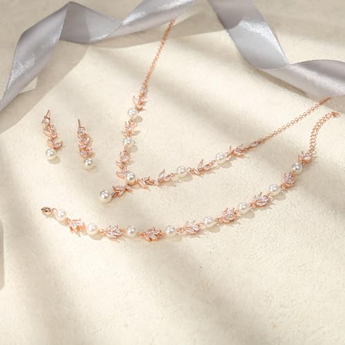 Image of EVER FAITH Cubic Zirconia Pearl Leaf Bridal Jewelry Set for Bride Women
