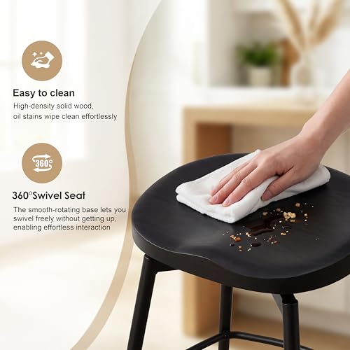 Image of 25 inch Swivel Backless Saddle Bar Stools Set of 4, Black | Solid Wood Saddle Seat, Metal Legs, Footrests,Swivel, Non-Marking Feet, Kitchen Island