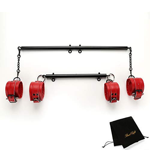 EXREIZST Expandable 2 Spreader Bar with 4 Premium Soft Leather Straps Adjustable Home Gyms Indoor Sports Fitness Training Tool Set Kit, Black and Red
