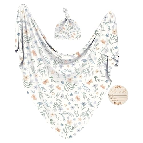 Image of Newborn Receiving Nursery Flower Blanket Baby Swaddle Wrap with Hat Set