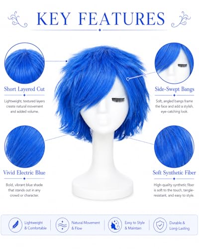 Image of Rose bud Anime Halloween Blue Wig for Cosplay Party Synthetic Layered Short Hair Wigs with Fringe Pastel Funny Wigs for Women Men